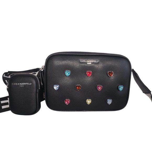 KARL LAGERFELD PARIS Maybelle Black Crossbody Bag Satchel, Rainbow Heart Accents - Picture 1 of 16